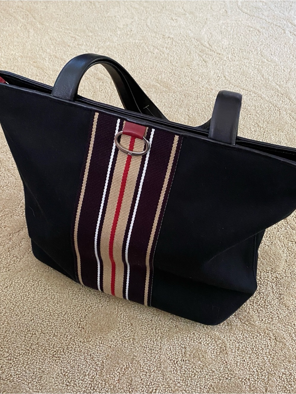 Vintage Ann Taylor Black Canvas Tote Bag 90s Structured Leather Trim Striped